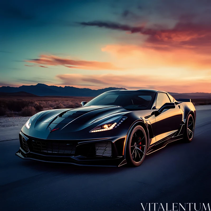 Luxurious Black Sports Car in Scenic Sunset AI Image