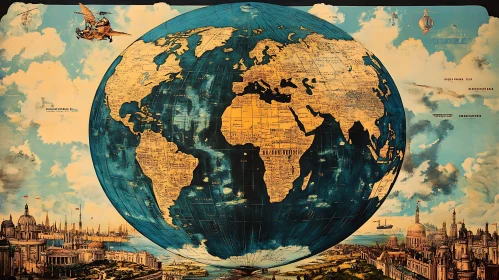 Steampunk World Map Over Historical Skyline