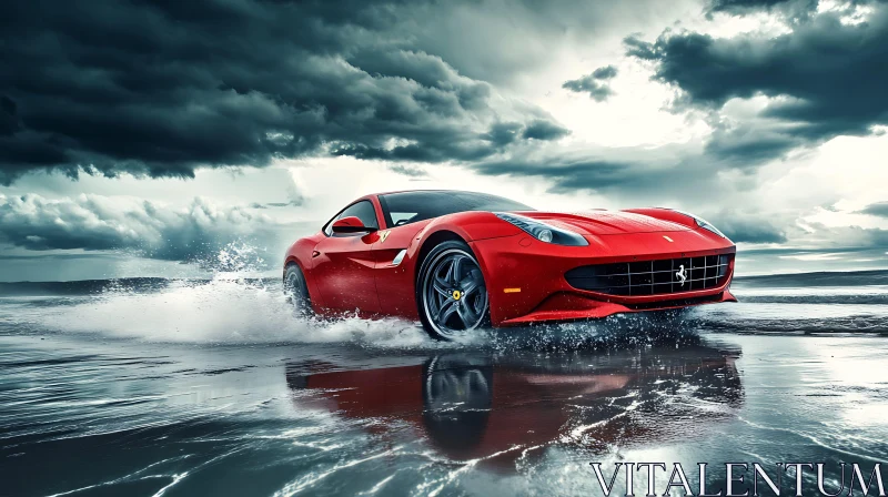 Sleek Red Supercar Driving on Reflective Beach AI Image