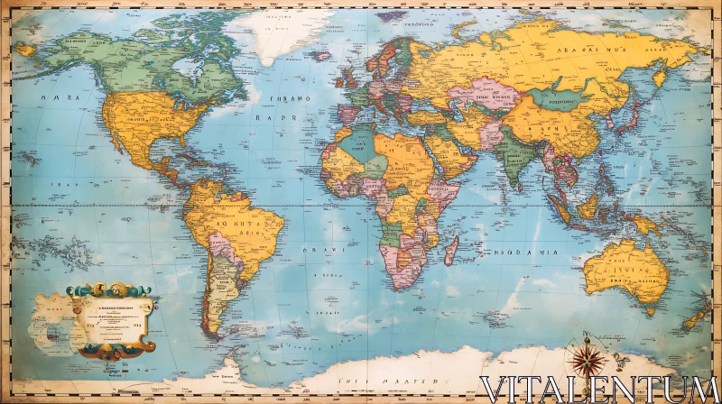 Antique-Style World Map with Traditional Cartography AI Image