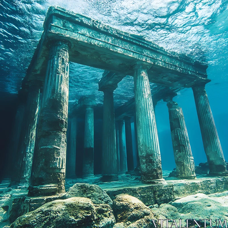 Submerged Ancient Structure with Columns AI Image