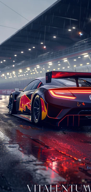 Sleek Sports Car on Wet Race Track at Night AI Image