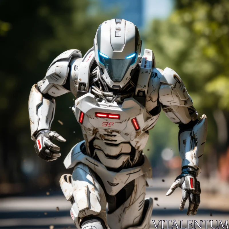 Silver Cyber Warrior Running in Urban Landscape AI Image