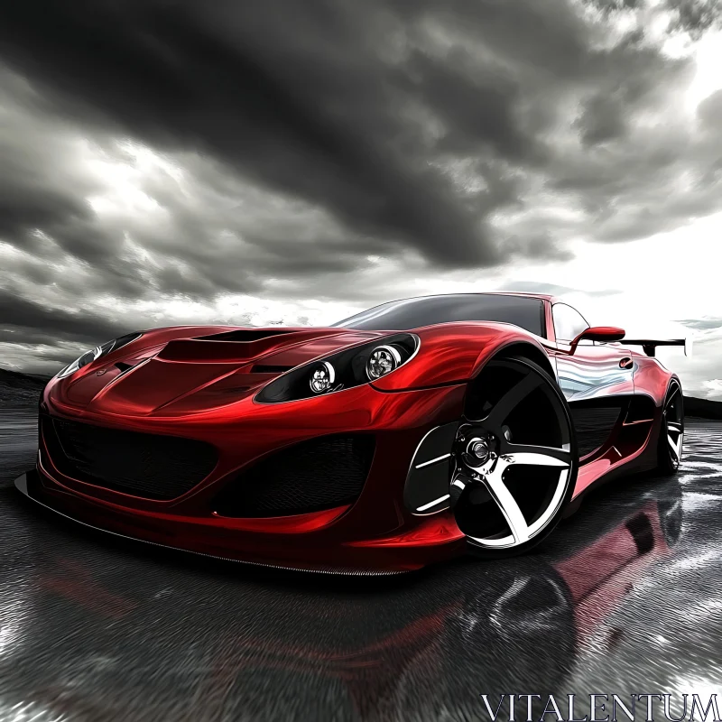 Red Sports Car under Stormy Skies AI Image