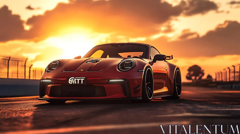 Sleek Red Sportscar in Sunset Glow AI Image