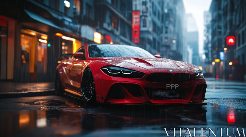 Sleek Red Car on Wet Urban Street AI Image