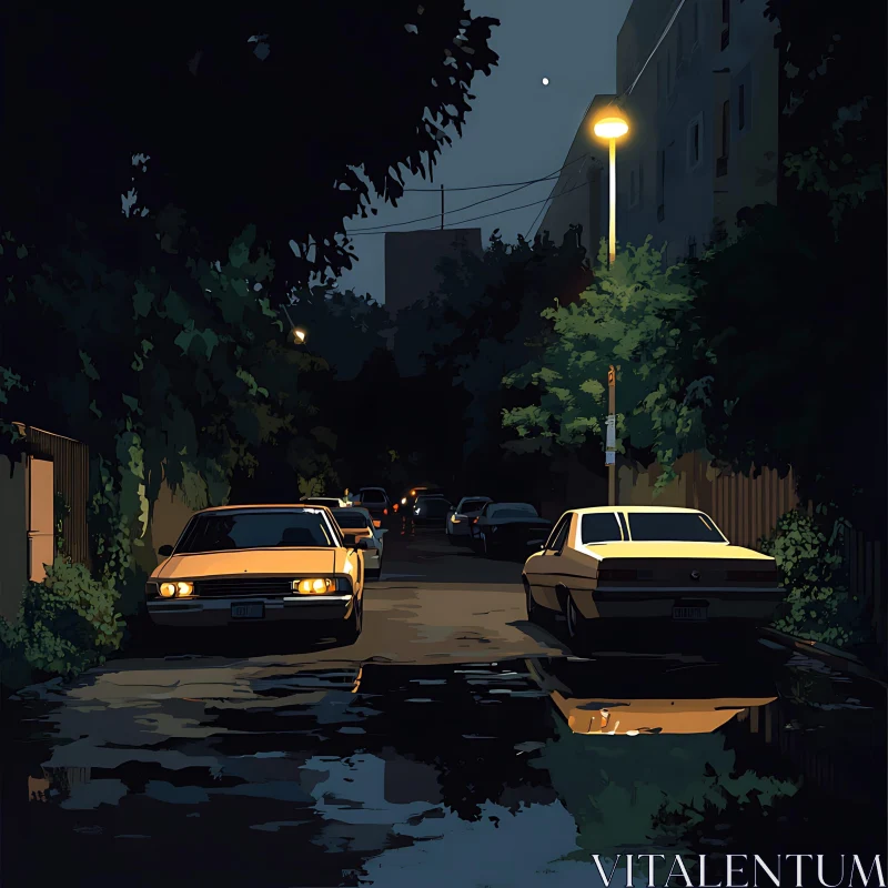 Serene Urban Night with Streetlights and Reflections AI Image