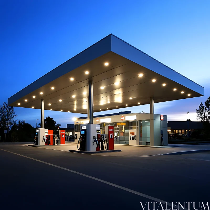 Illuminated Gas Station Against Evening Sky AI Image