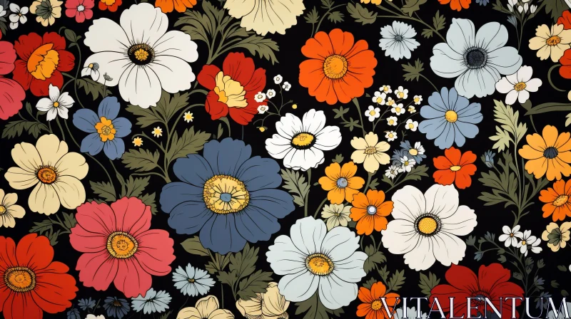 Brightly Colored Flowers on Black Background - Nostalgic Prairie Illustration AI Image