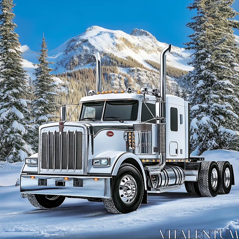 Semi-Truck in Winter Mountain Scenery AI Image