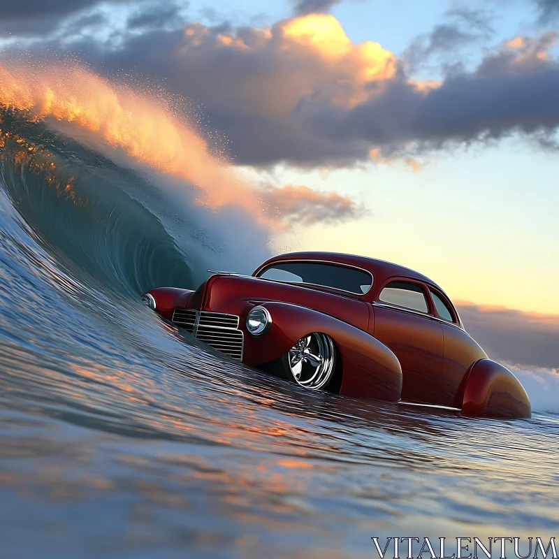 Vintage Car Surfing a Giant Wave AI Image