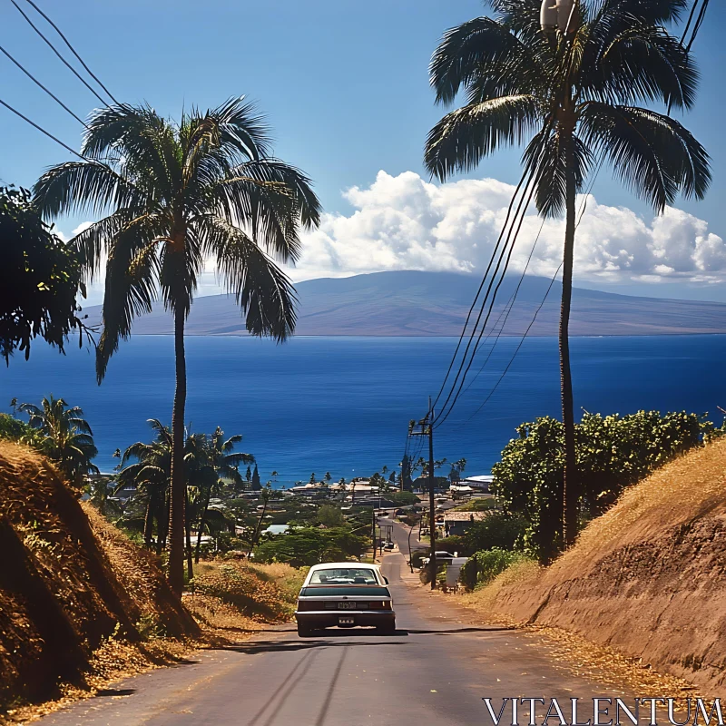 Tropical Coastal Town View with Palms and Car AI Image