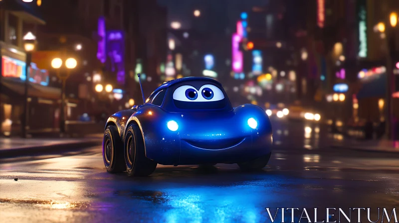 Smiling Blue Animated Car in Nighttime Urban Scene AI Image