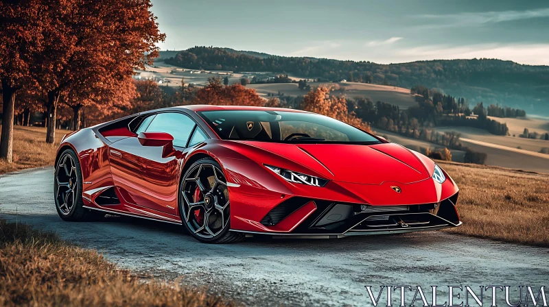 Luxury Red Car on Scenic Country Road AI Image