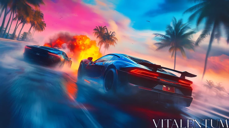 High-Speed Supercar Chase with Explosive Backdrop in Tropical Setting AI Image