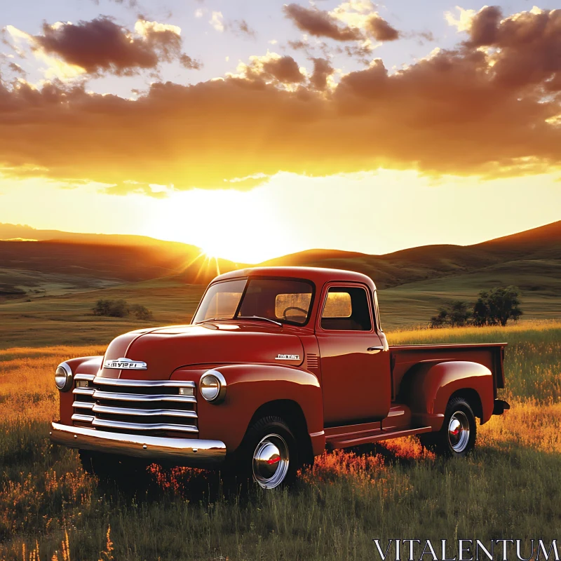 Vintage Truck at Sunset in Grassy Field AI Image