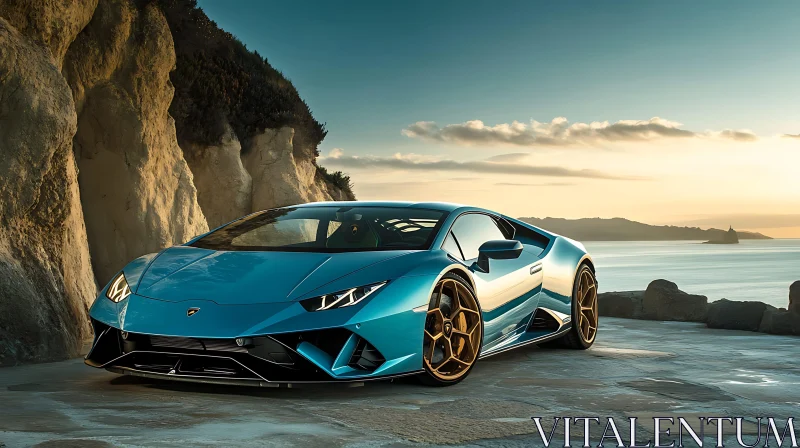 Elite Turquoise Car Parked by the Ocean Cliffs AI Image