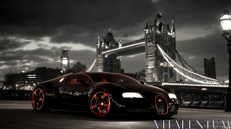 AI ART Nighttime City Scene with Black Supercar and Bridge