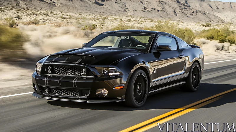 Sporty Black Mustang on Desert Highway AI Image