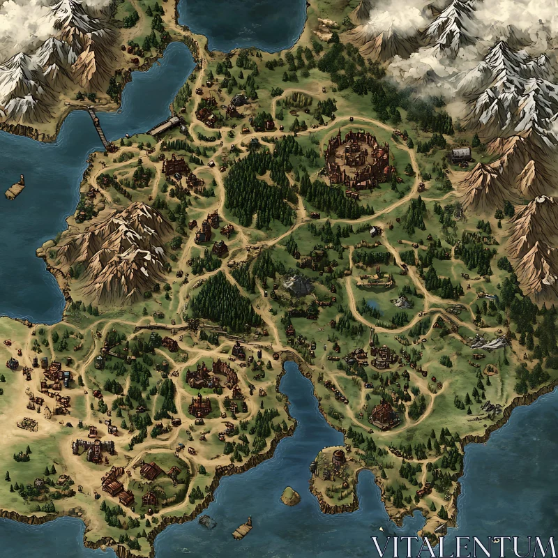 Fantasy World Map with Mountains, Forests, Rivers, and Medieval Settlements AI Image