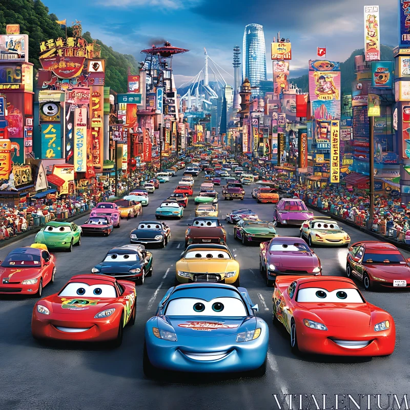 Colorful Animated Cars in Bustling City AI Image