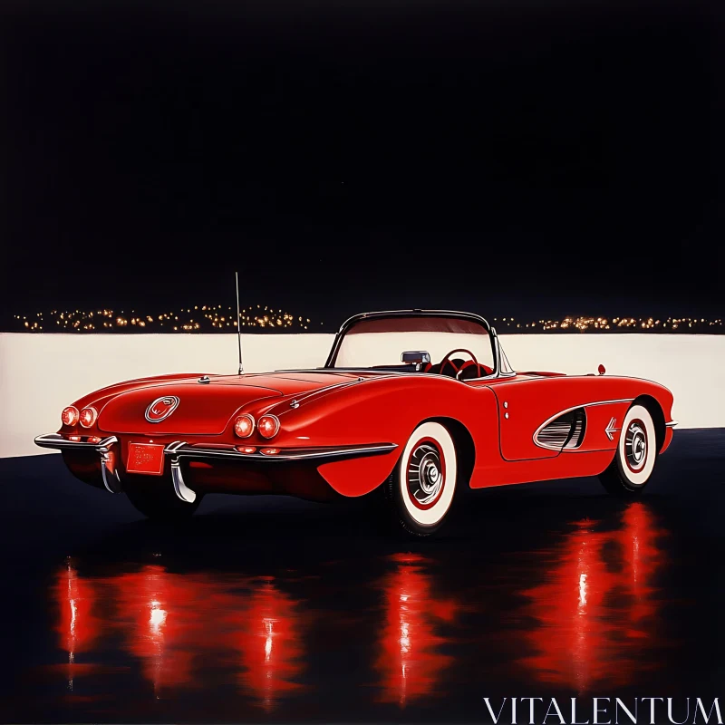 Vintage Red Convertible at Night AI Image