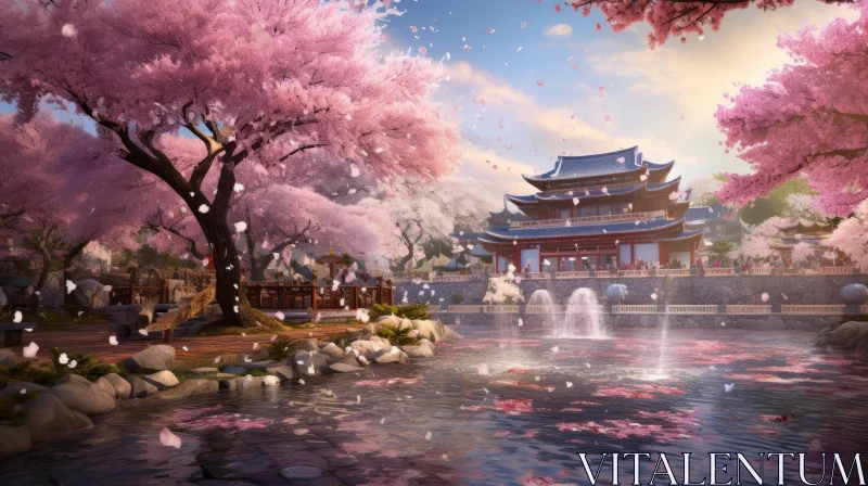 Asian-Inspired Scenic Beauty with Manor House and Waterfall AI Image