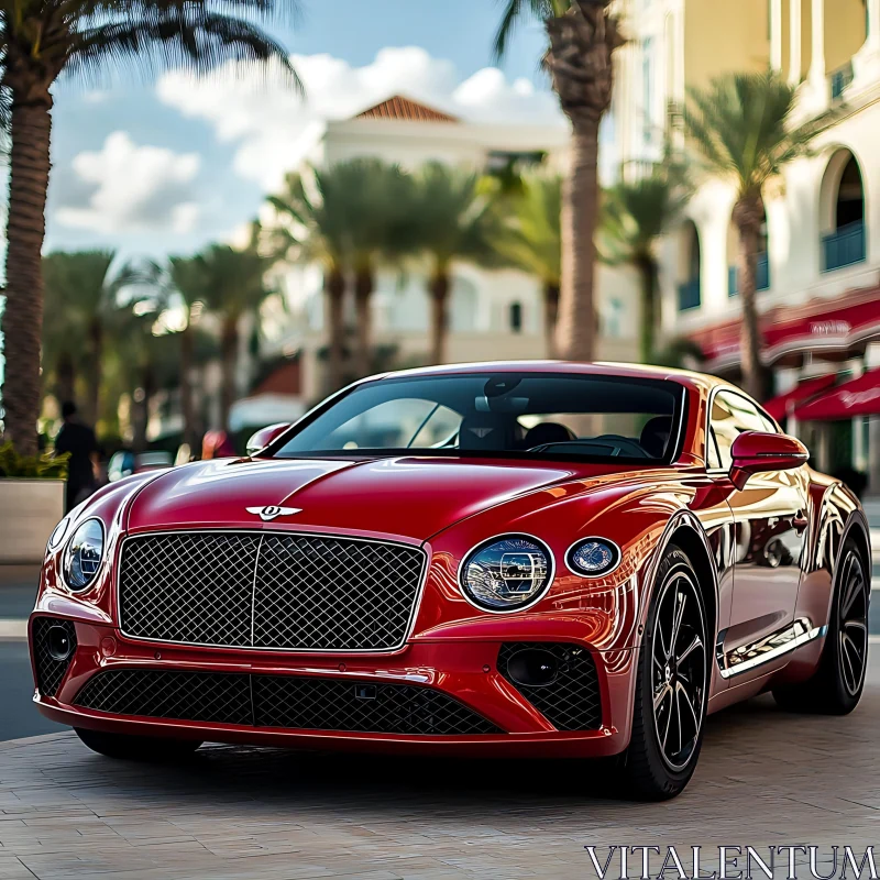 Red Luxury Car Amidst Cityscape and Palm Trees AI Image