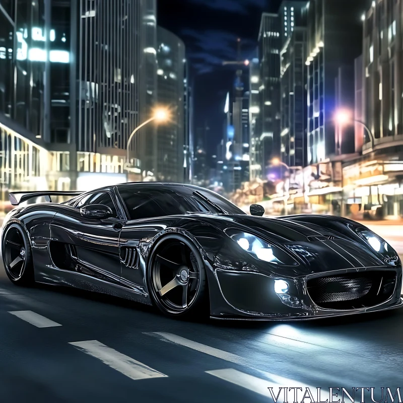 Sleek Black Luxury Car Gliding Through Night City Streets AI Image