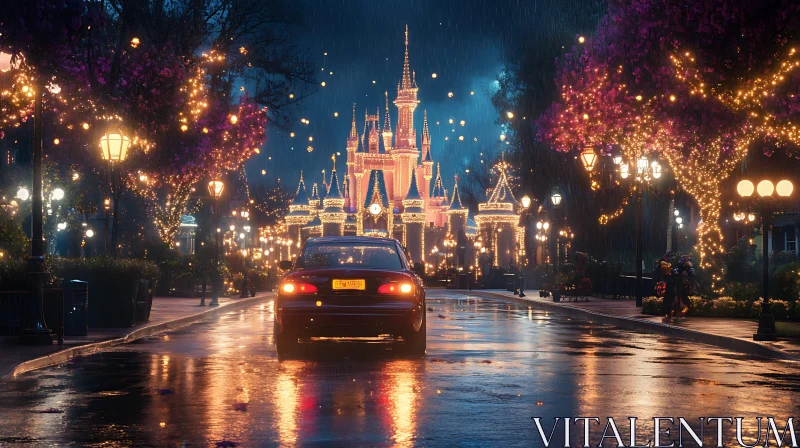 Radiant Castle Nightscape in the Rain AI Image