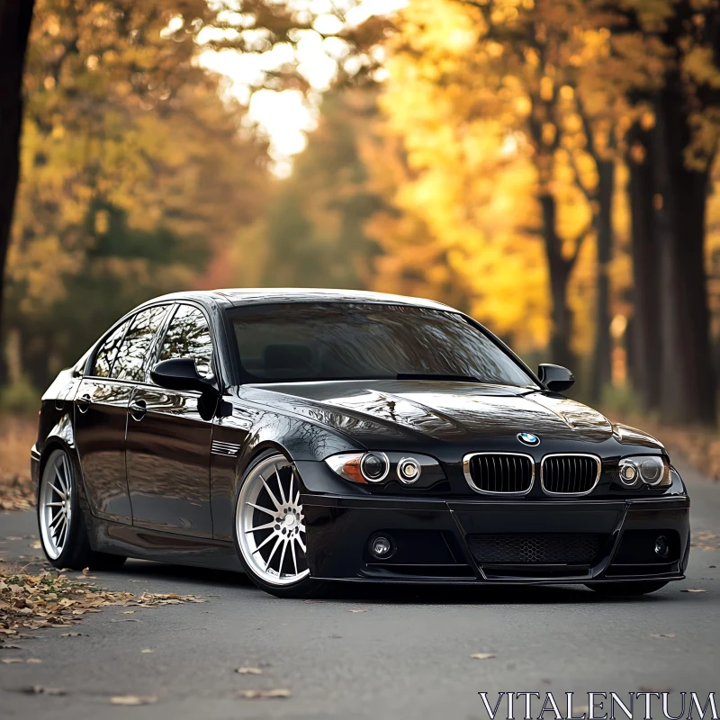 Luxury Black BMW Among Autumn Trees AI Image