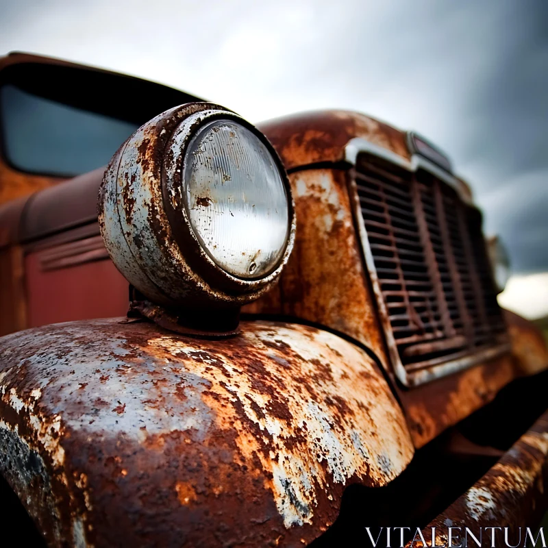 Rust-Covered Old Car with Vintage Headlight AI Image