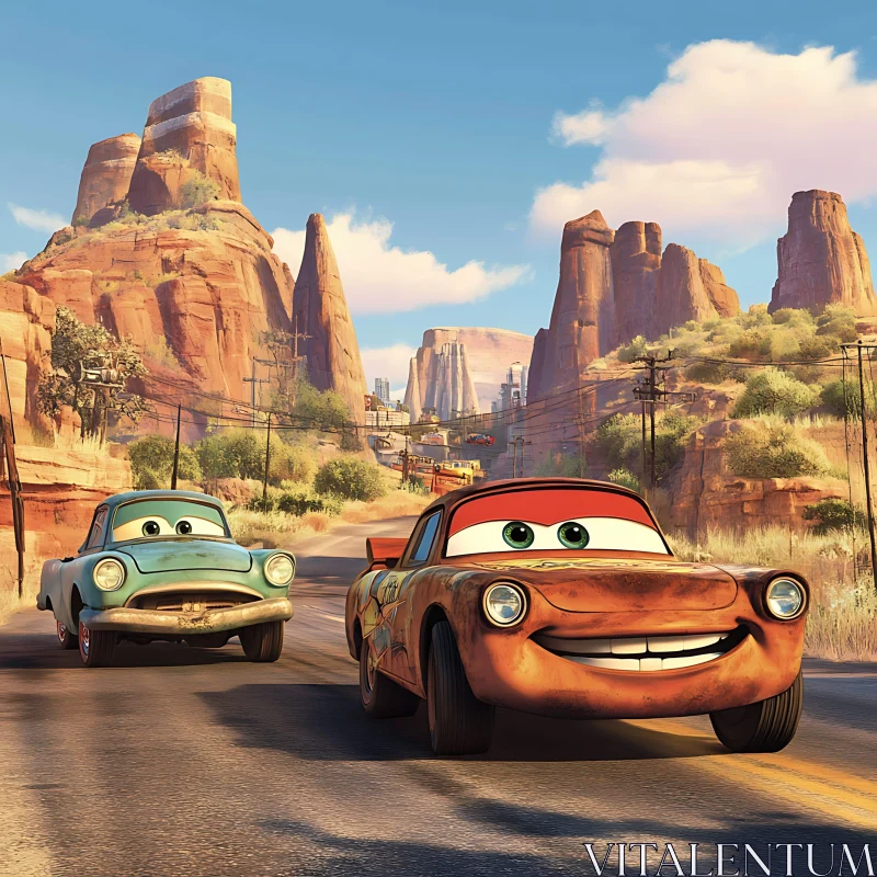 Cartoon Vehicles Racing in Scenic Desert AI Image