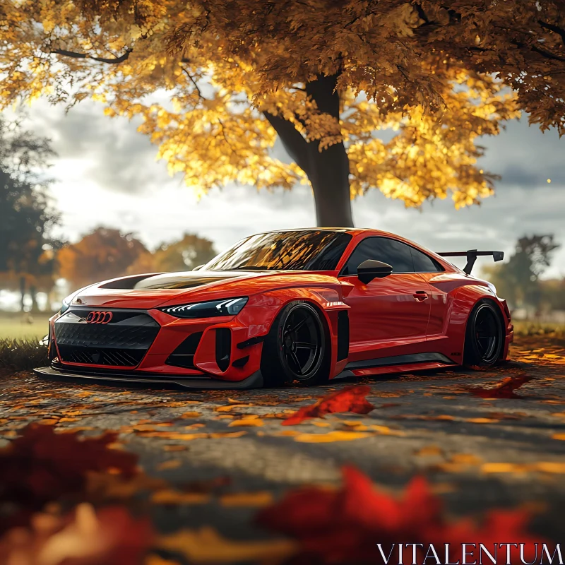 Vibrant Red Car Amidst Autumn Leaves AI Image