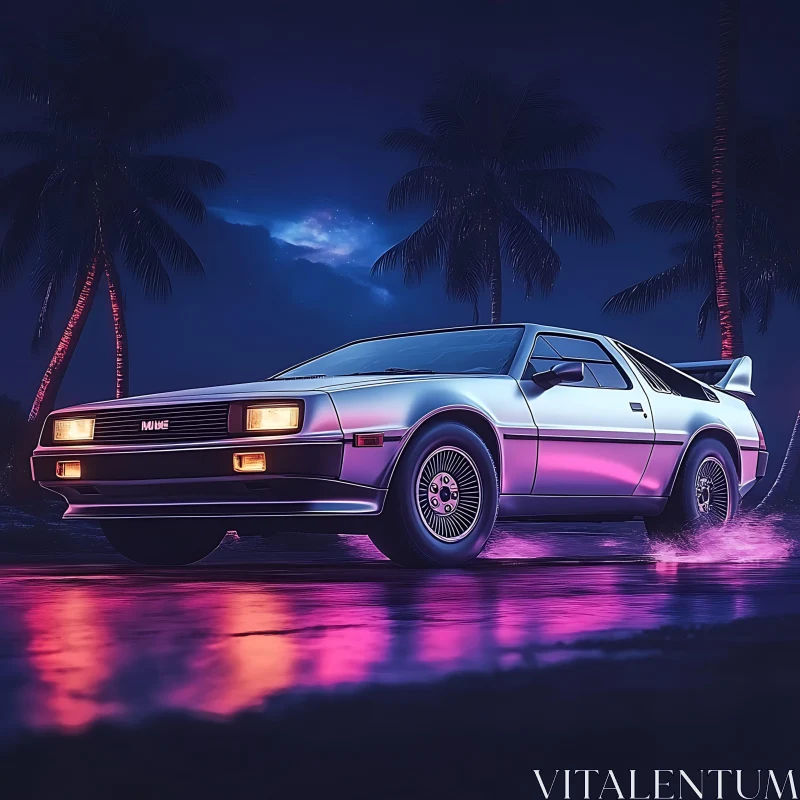 Retro Car in Neon Night Scene AI Image