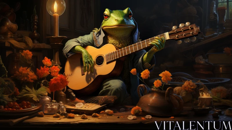 Frog Guitarist: A Whimsical Night in Bloom AI Image