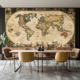 Stylish Dining Room with Vintage World Map Wall