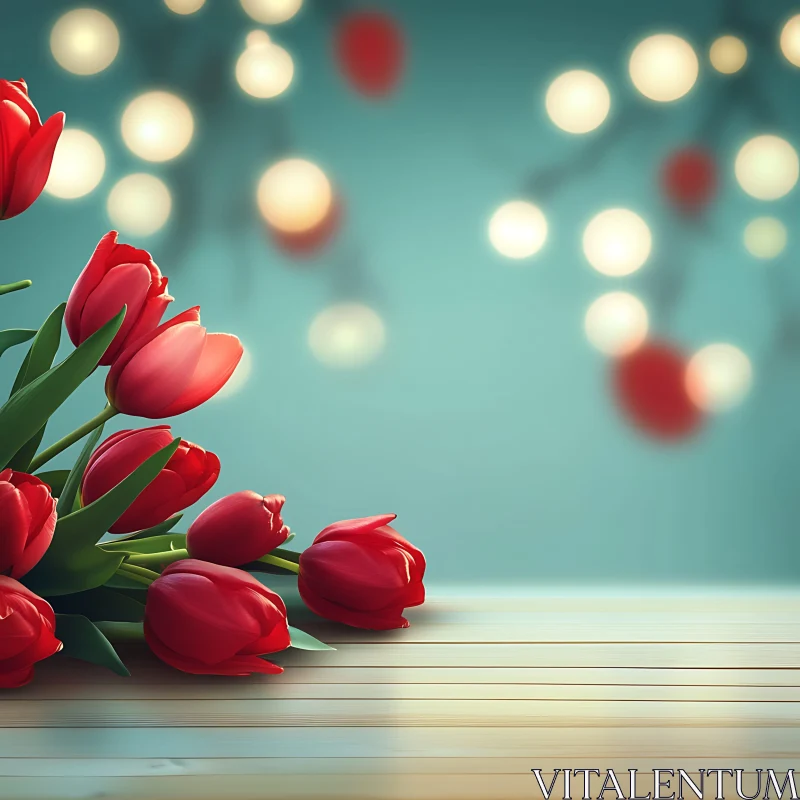 Charming Red Tulips on Wooden Surface AI Image