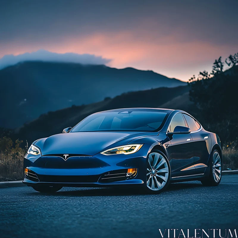 Electric Luxury Car at Sunset in the Mountains AI Image