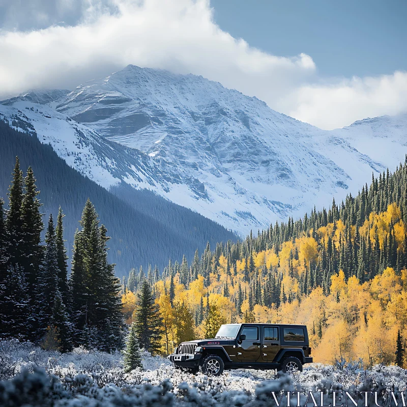 Off-Road Vehicle Amid Snow-Capped Peaks and Autumn Forests AI Image