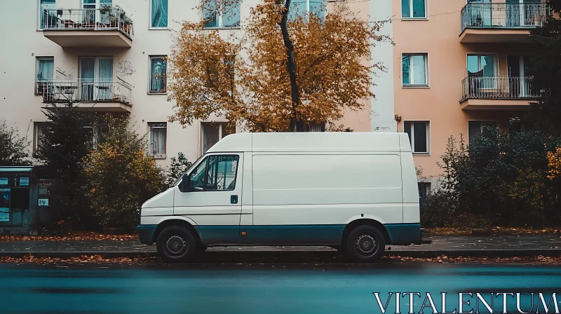 City Scene with White Van and Autumn Foliage AI Image