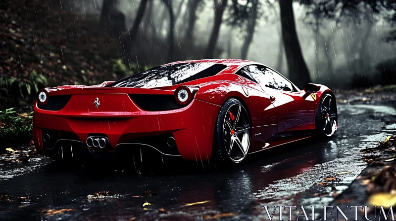 Sleek Red Sports Car on Wet Road in Forest AI Image