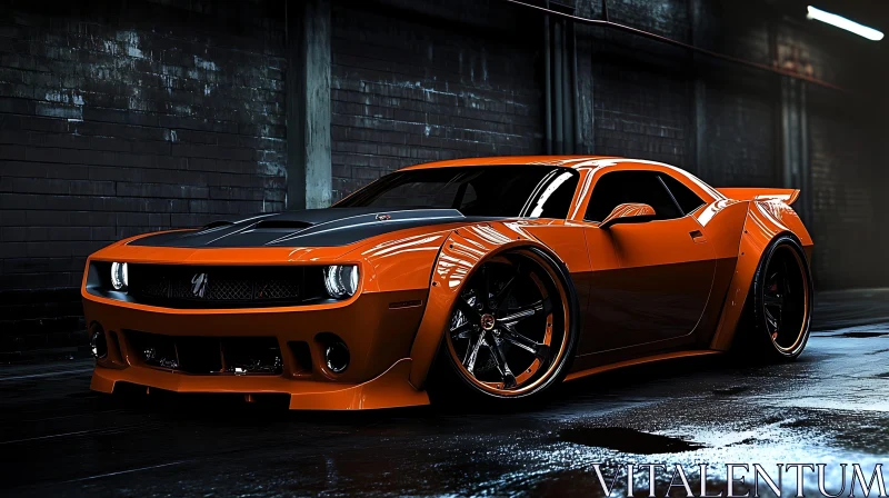 Powerful Orange Muscle Car in Industrial Backdrop AI Image