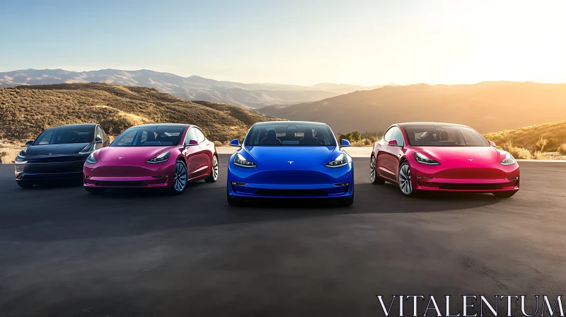 Colorful Electric Cars at Sunset in a Scenic Landscape AI Image