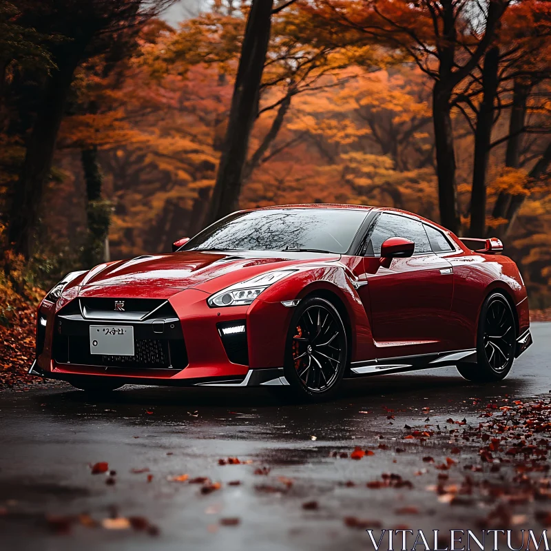 Sleek Red Car Amidst Autumn Leaves AI Image