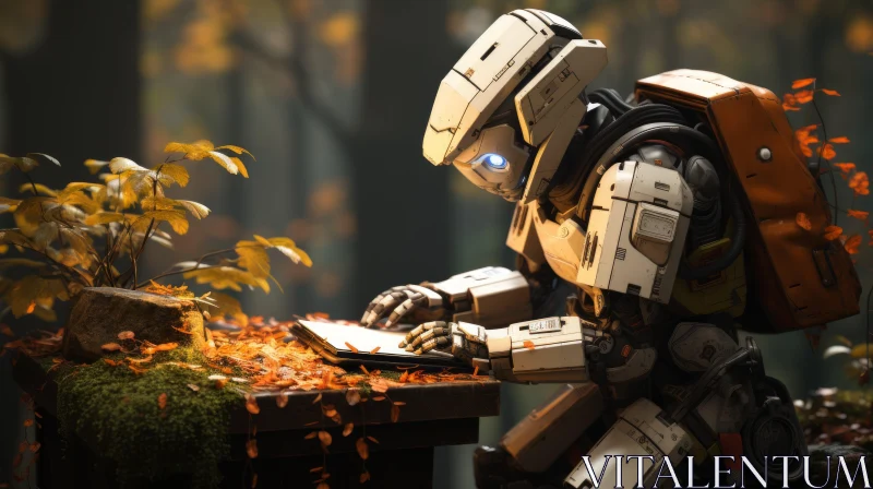 AI ART Android Robot Reading in Autumn Woods - Artistic Representation