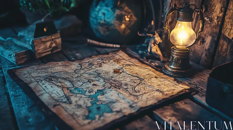 Historical Exploration Scene with Vintage Map and Lamp AI Image