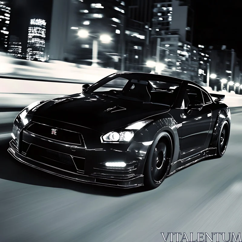 Black Sports Car on a City Night Drive AI Image