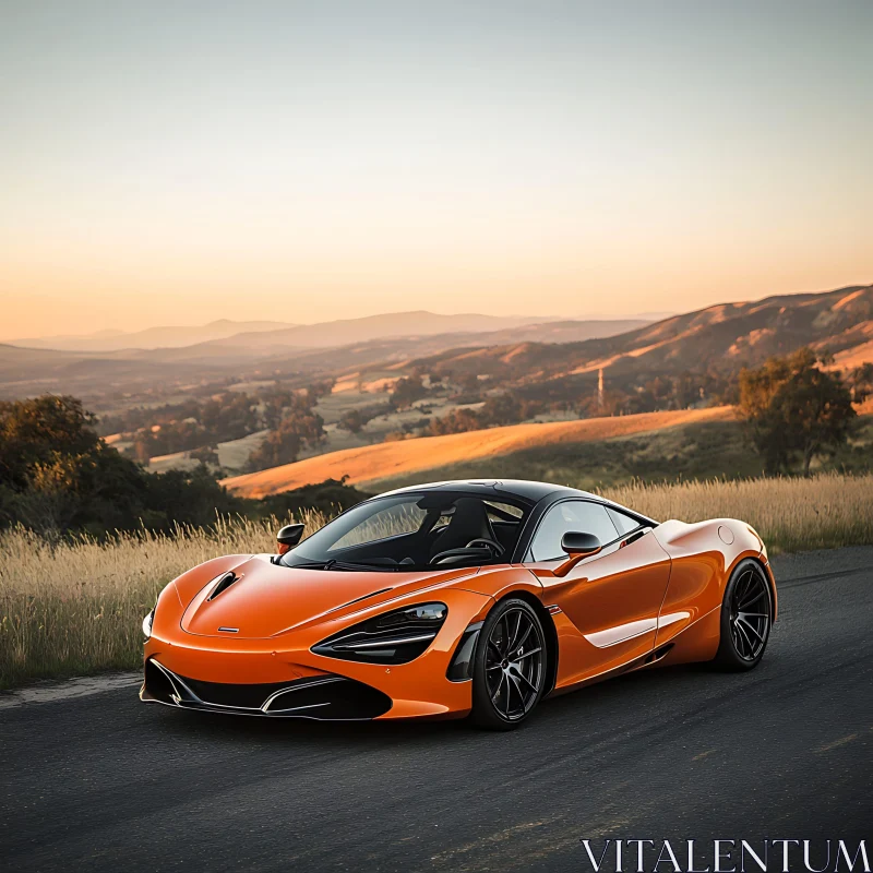 Luxury Supercar on Road with Sunset Backdrop AI Image