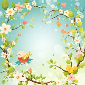 Colorful Bird and Blossoming Branches Illustration